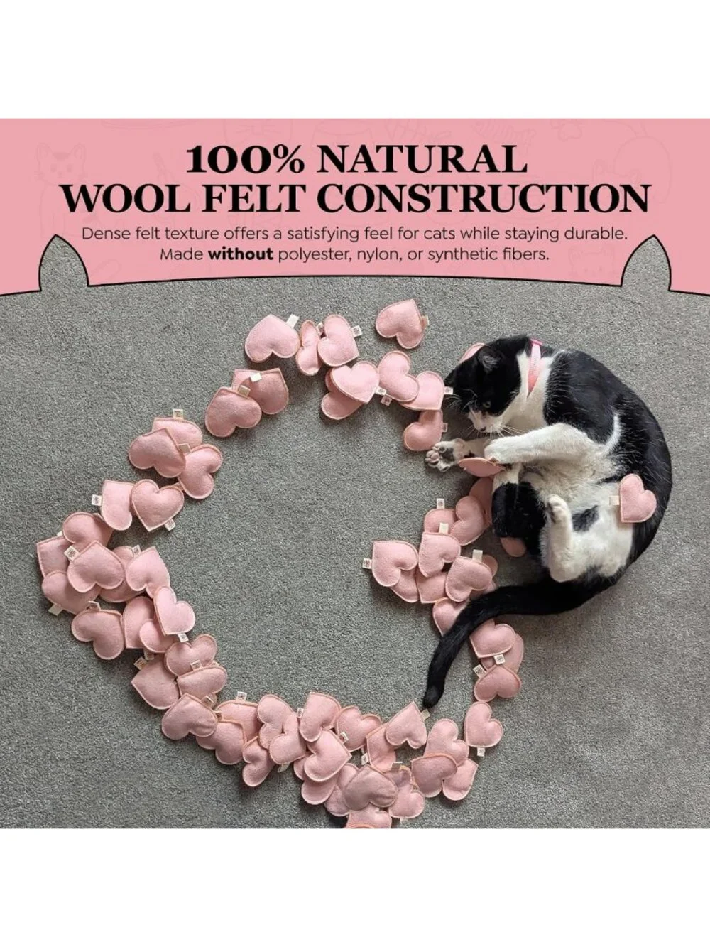 Organic Catnip Heart Toys - 100% Wool Felt, USA-Made, Pink, 4 Pack for Cats